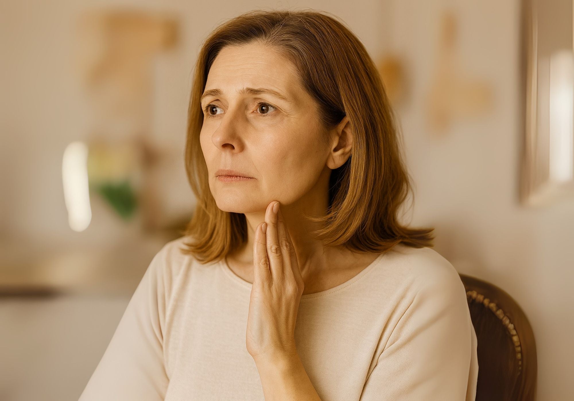 Midlife woman looking in a mirror — illustrating sagging, muscle loss, and structural facial changes driven by perimenopause and menopause.
