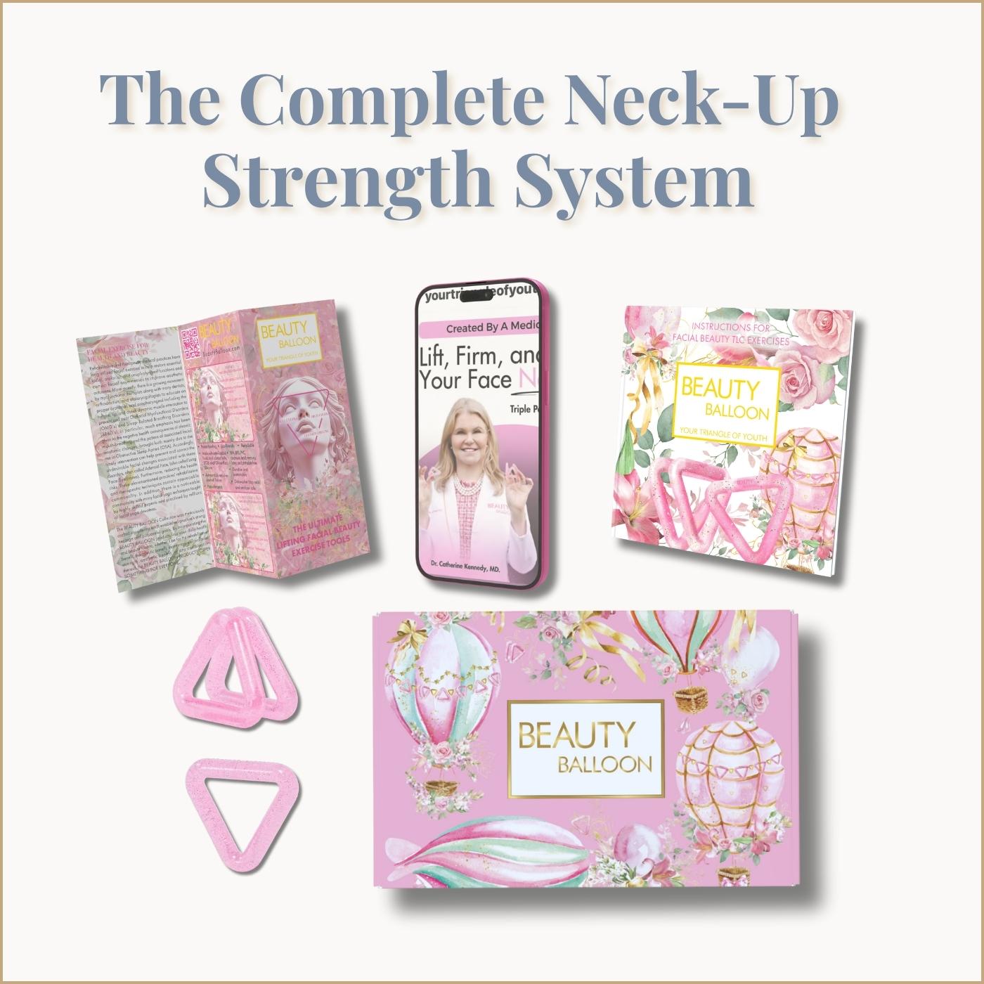 The complete Neck-Up Strength System — Triangle and Butterfly tools, custom storage case, quick-start guide, printed booklet, and Dr. Katie’s expert video tutorials for facial, neck, and airway muscle strengthening.