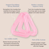 Butterfly Tool benefit graphic highlighting how strengthening the throat, tongue, and neck muscles supports better airflow, reduces snoring, restores facial symmetry, tones the jawline, and boosts long-lasting results when used with the Triangle.