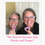Two women smiling and holding the Triangle Tool — real users showing lip, cheek, and tongue-strengthening for improved facial tone, lift, and mouth-breathing support.